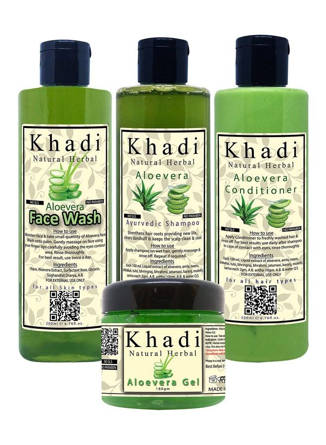 Khadi Natural Herbal Aloevera Combo Kit (Aloevera Shampoo Aloevera Conditioner Aloevera Face Wash (Each 200Ml) And Aloevera Face Gel (180Gm) - Image 1