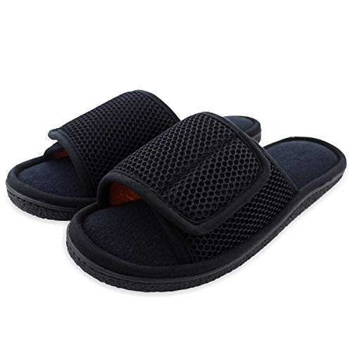 WALKFUN Adjustable House Slippers for Men Open Toe Breathable Indoor Slip on Mens Slides Sandals with Memory Foam for Bedroom,Patio(7-8,Black) - Image 1
