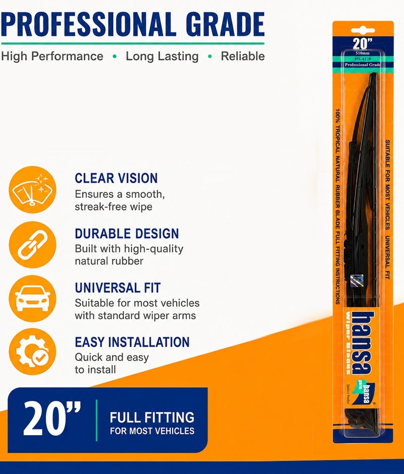 HANSA 20 Inch (510mm) Universal Car Windshield Wiper Blade Pair, Professional Grade Natural Rubber Wiper Blades, Streak Free Windshield Cleaning, All Season Rain Wiper, Metal Frame, Silent Wiping, Clear Visibility, Durable Replacement Blade for Cars, SUVs, Sedans, Purpose: Windshield Cleaning & Safe Driving Erpc WP 10046 . - Image 3