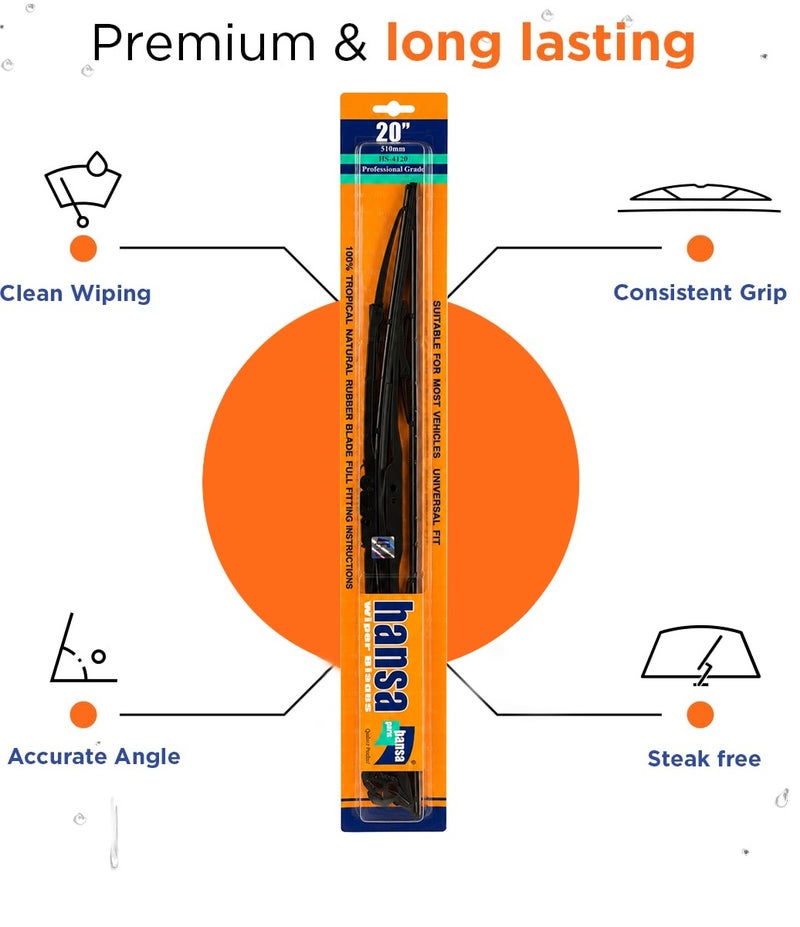 HANSA 20 Inch (510mm) Universal Car Windshield Wiper Blade Pair, Professional Grade Natural Rubber Wiper Blades, Streak Free Windshield Cleaning, All Season Rain Wiper, Metal Frame, Silent Wiping, Clear Visibility, Durable Replacement Blade for Cars, SUVs, Sedans, Purpose: Windshield Cleaning & Safe Driving Erpc WP 10046 . - Image 2