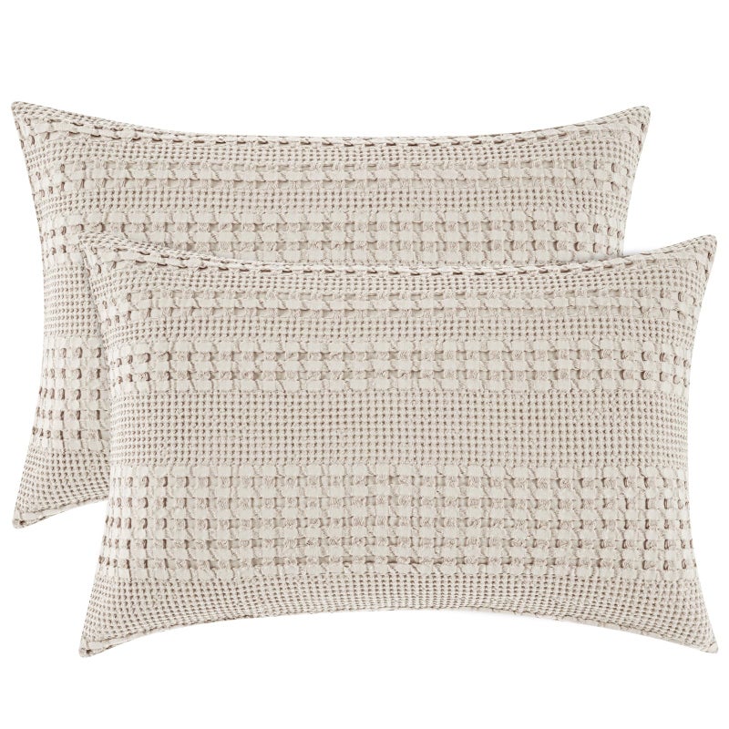 PHF 100% Cotton Waffle Pillow Shams Standard Size, 2 Pack 20" x 26" Soft Skin-Friendly Pillowcases, No Filling, Aesthetic Woven and Breathable Waffle Weave Pillow Case Covers for Bed, Oatmeal - Image 1