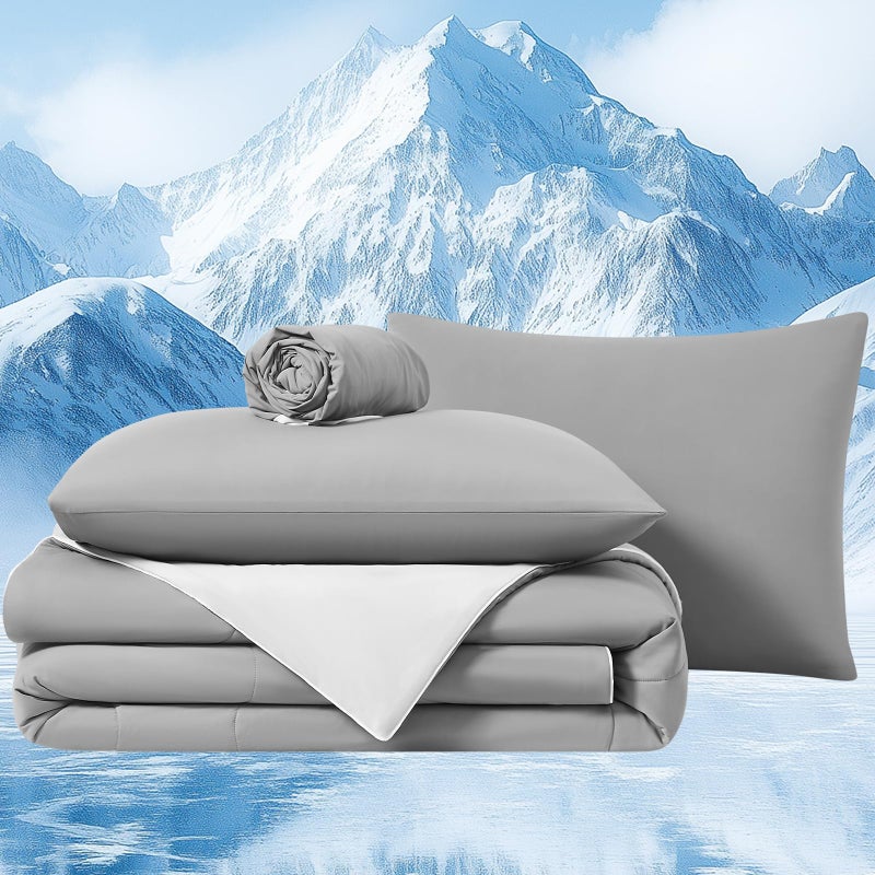 Quataly Cooling Comforter Set with Sheets&Pillowcases,Cooling Blanket for Hot Sleeper Cold ice Double Side Grey Bed Set Queen Size 4pcs(Comforter+Fitted Sheets+2Pillowcases) - Image 1