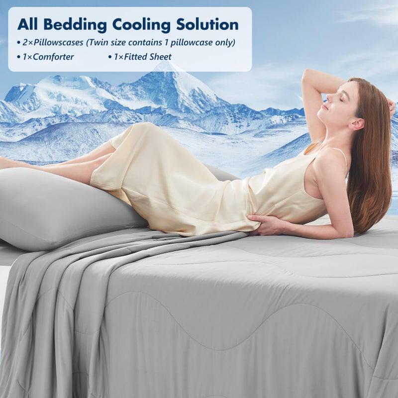 Quataly Cooling Comforter Set with Sheets&Pillowcases,Cooling Blanket for Hot Sleeper Cold ice Double Side Grey Bed Set Queen Size 4pcs(Comforter+Fitted Sheets+2Pillowcases) - Image 2