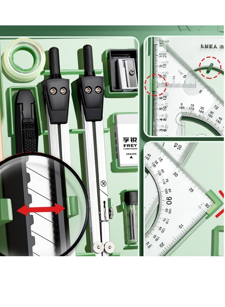 مجموعة الهندسة، مجموعة من 18، مع مسطرة دوارة ومجموعة فواصل، مربع رسم، بوصلة ومسطرة للطلاب الأولاد والبنات - Image 2
