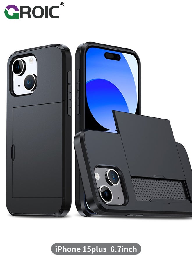 GROIC iPhone 15 Plus Black Wallet Case with Card Holder, Heavy Duty Protective Dual Layer Slide Shockproof Hidden Card Slot Slim Case for Women Men  - Image 1