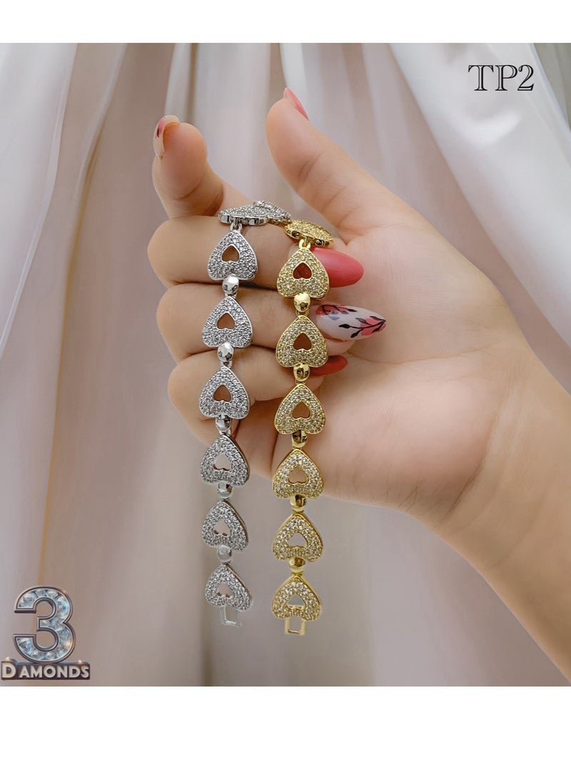 3Diamonds - Elegant Platinum and Rhodium Plated Bracelet with Heart-Shaped Crystal Accents | High-Quality, Durable, and Stylish Jewelry for Women | Lightweight, Skin-Friendly, and Perfect for Special Occasions | Ideal Gift for Anniversaries, Birthdays, and Holidays | Available Exclusively on Noon - Image 1