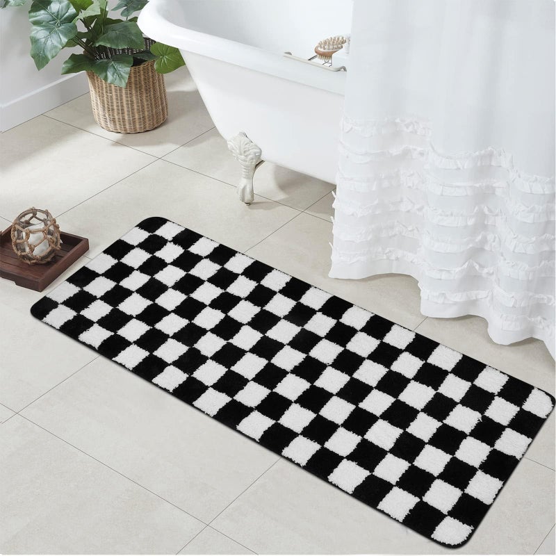 Uphome Bathroom Runner Rug Black and White Checkered Long Machine Washable Bath Mat Non Slip 18x47 Water Absorbent Soft Microfiber Bath Rug for Tub Shower Floor