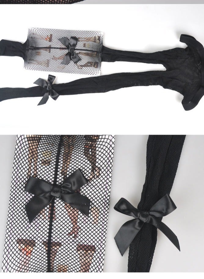 YANCI Hollow-out lace stockings bow stockings black  - Image 2