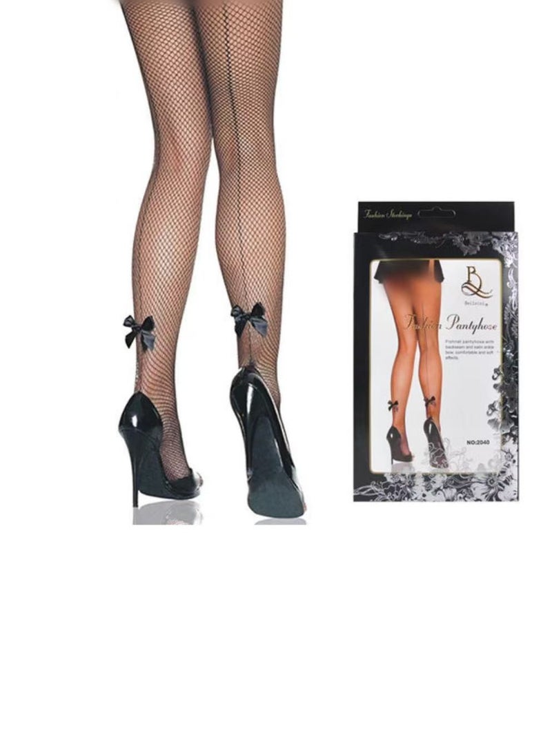 YANCI Hollow-out lace stockings bow stockings black  - Image 1