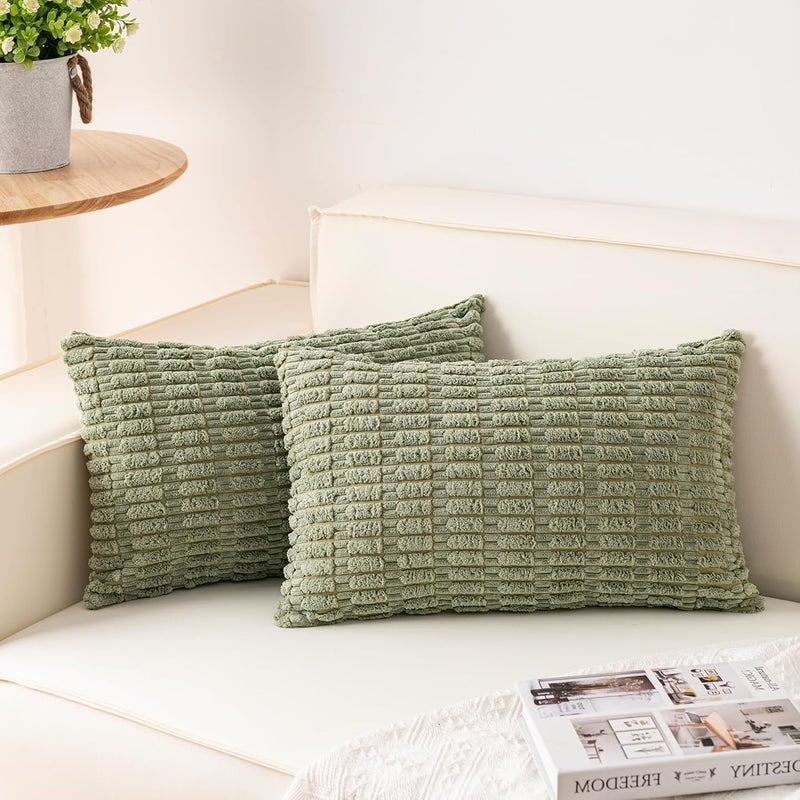 Aegero Pack of 2 Corduroy Decorative Throw Pillow Covers 12x24 Inch Soft Striped Pillow Covers Modern Farmhouse Home Decor for Sofa Living Room Couch Bed（Sage Green） - Image 1