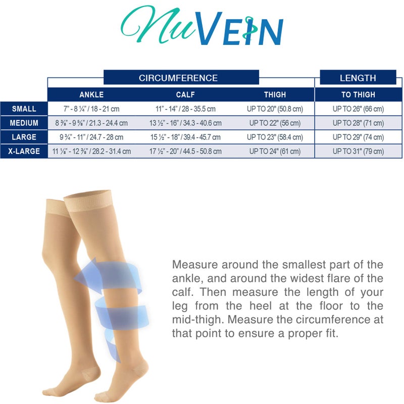 NuVein Medical Compression Stockings, 20-30 mmHg Support, Women & Men Thigh Length Hose, Closed Toe, Beige, Large - Image 2