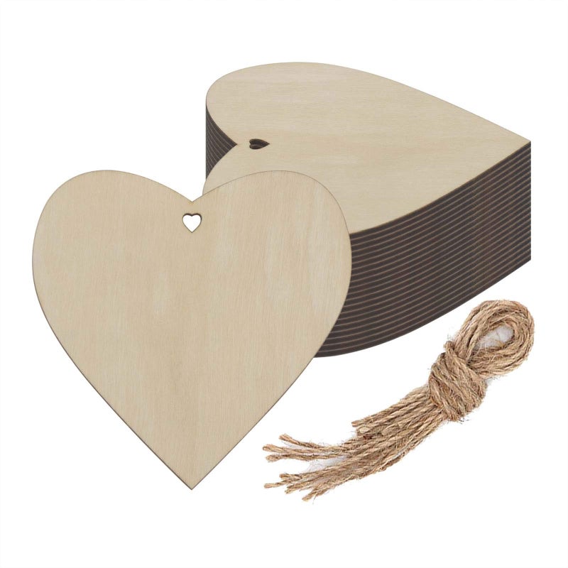 Creaides Wooden Heart Shaped Hanging Ornaments Heart Wood DIY Crafts Cutouts with Hole Hemp Ropes Wood Tags for Wedding Birthday Happy Mothers Day Party Decorations 4x4 in 20pcs