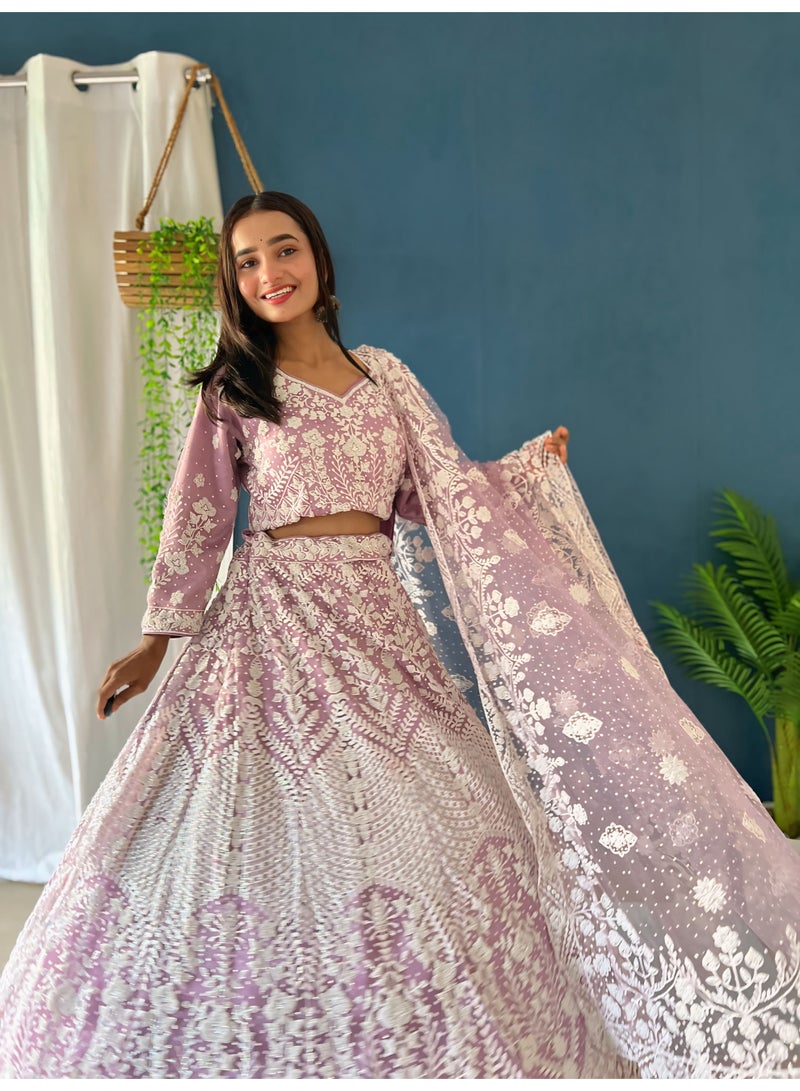 Super Asian Moonlight Bloom – Premium Pearl Embroidered Mono Net Lehenga Ensemble  - Image 2