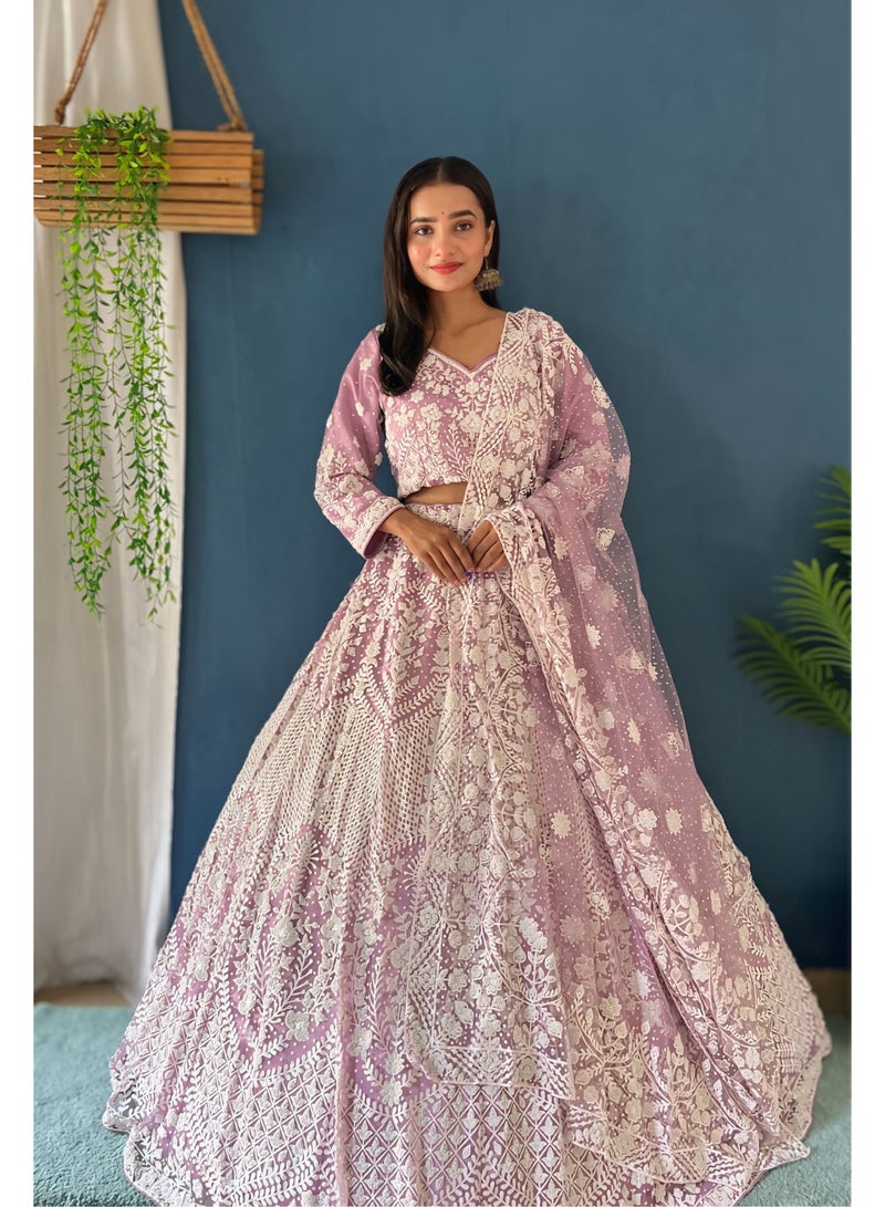 Super Asian Moonlight Bloom – Premium Pearl Embroidered Mono Net Lehenga Ensemble  - Image 1