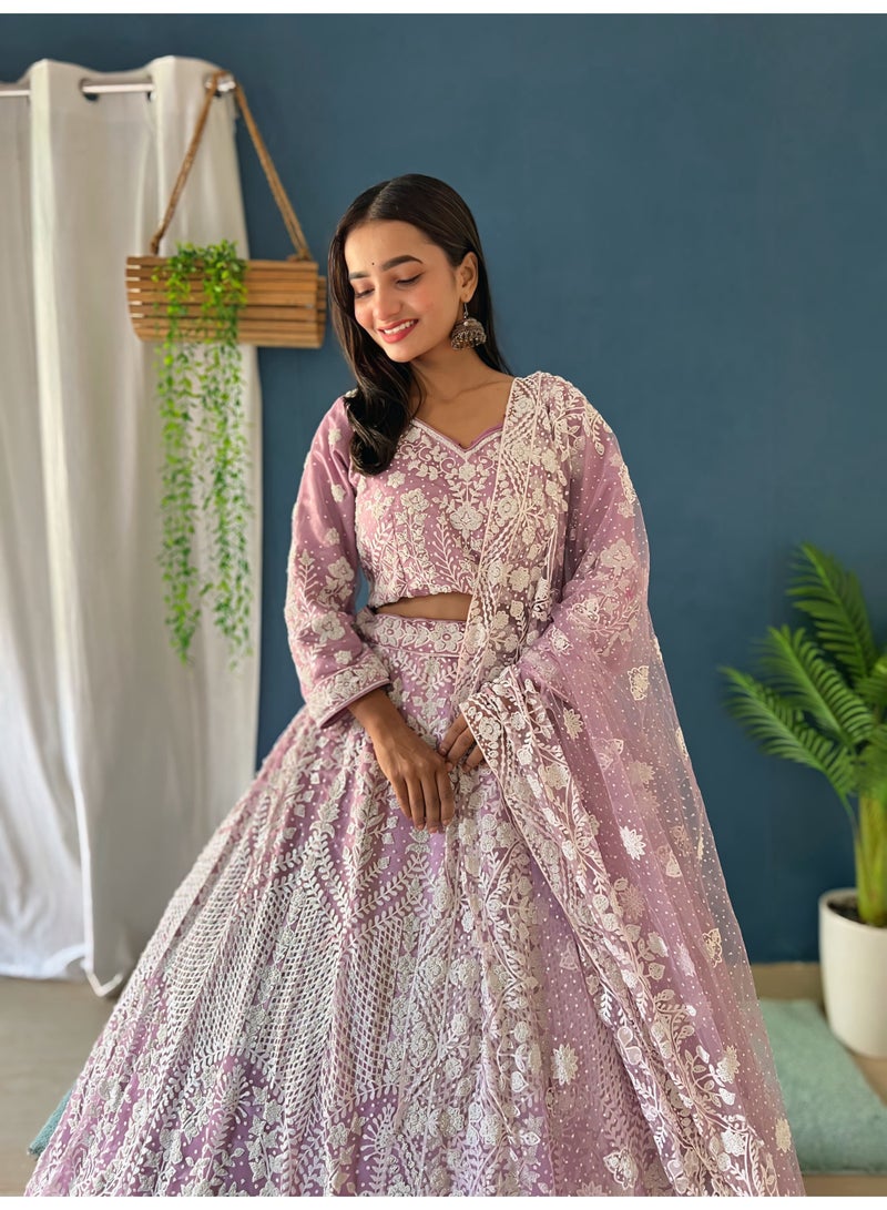 Super Asian Moonlight Bloom – Premium Pearl Embroidered Mono Net Lehenga Ensemble  - Image 4