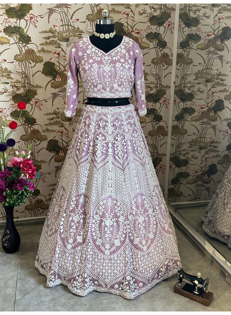 Super Asian Moonlight Bloom – Premium Pearl Embroidered Mono Net Lehenga Ensemble  - Image 5