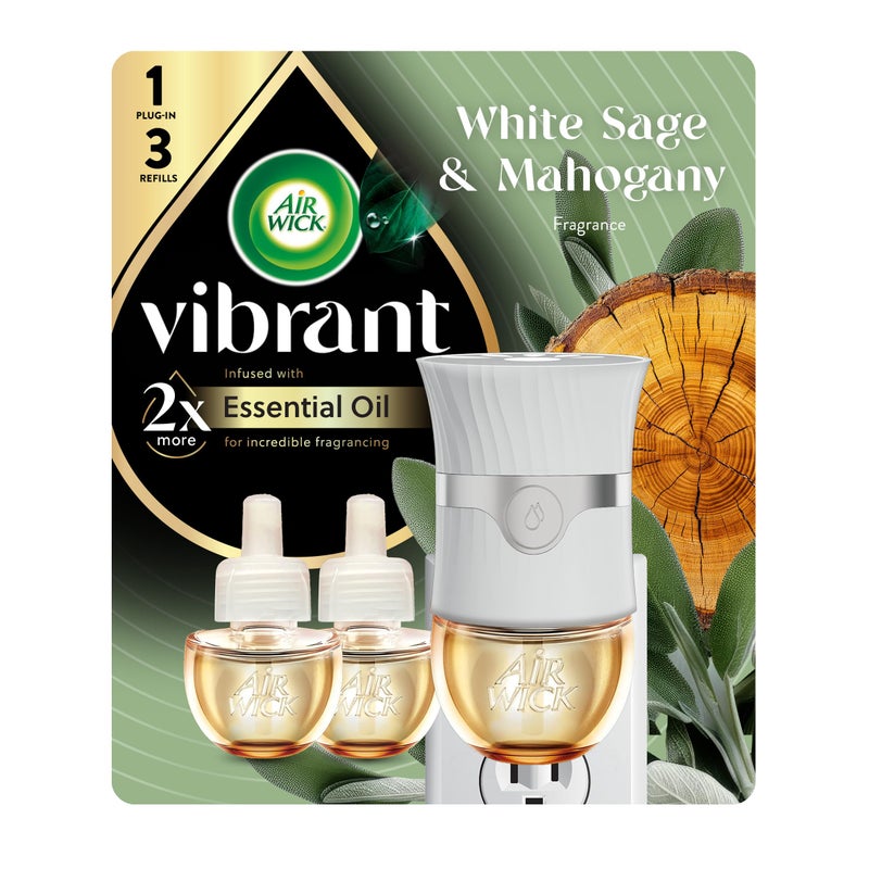 Air Wick Vibrant Plug In Scented Oil Warmer + Refills, Infused with Essential Oils, Plug In Air Fresheners for Home, White Sage & Mahogany, Gadget + 3 ct - Image 1