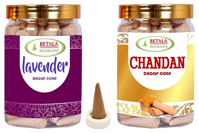 BETALA FRAGRANCE Betala Fragrance 2 in 1 Flavour Dhoop Cones for Pooja Chandan Lavender Flavour Incense Cone Combo 50 Pc Dhup Batti X 2 Flavour Sandal Lavender - Image 1