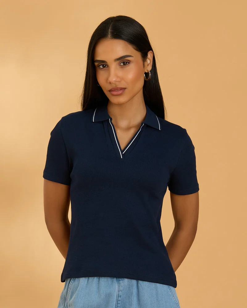 Redtag Women Navy Ribbed Polo T Shirt
