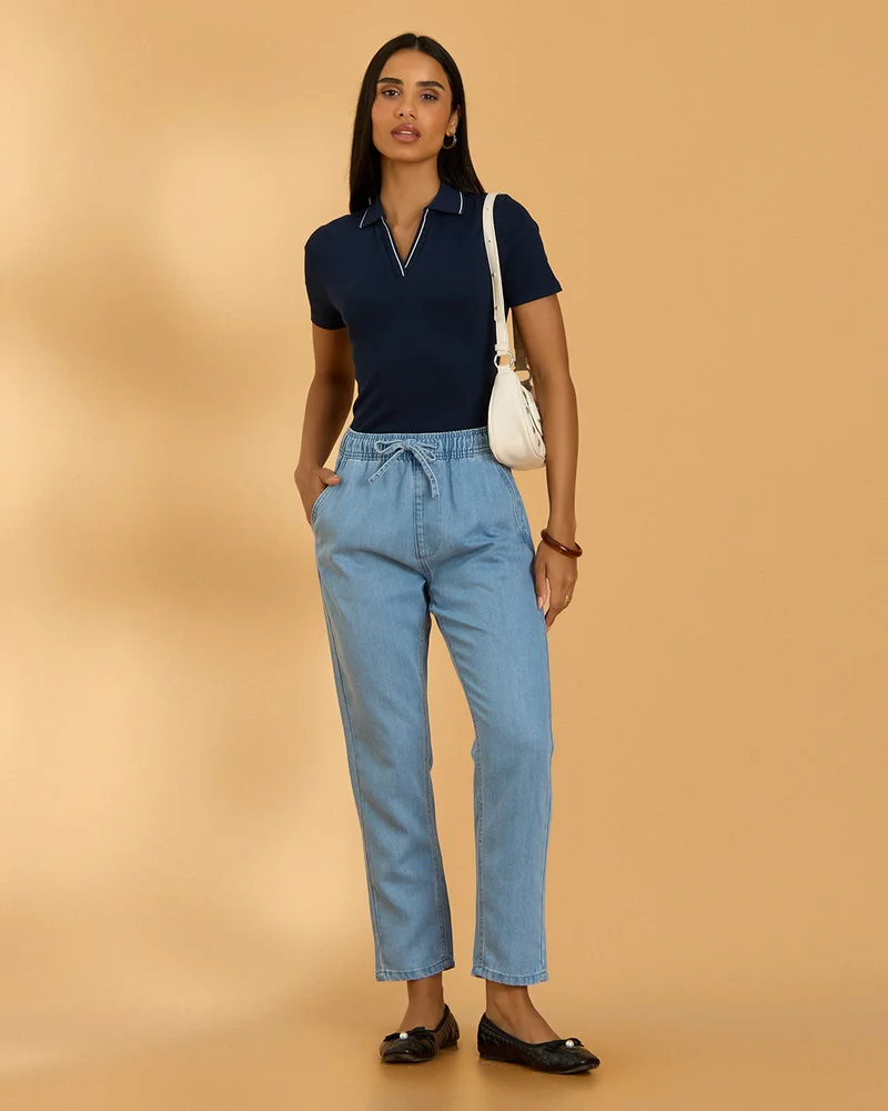 Redtag Women Navy Ribbed Polo T Shirt
