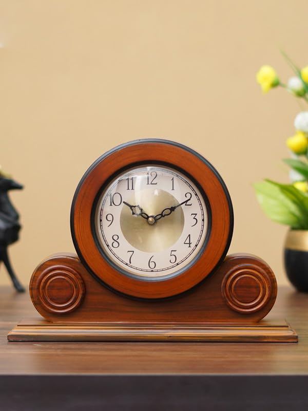 CRAFT SMITH Beautiful Brown Colour Wooden HomeOffice Decor English Numerals Round Golden Colour Dial Analog TableDesk Clock for Home Living Room Size 22 x 7 x 32 CM Weight 1275 grm - Image 4