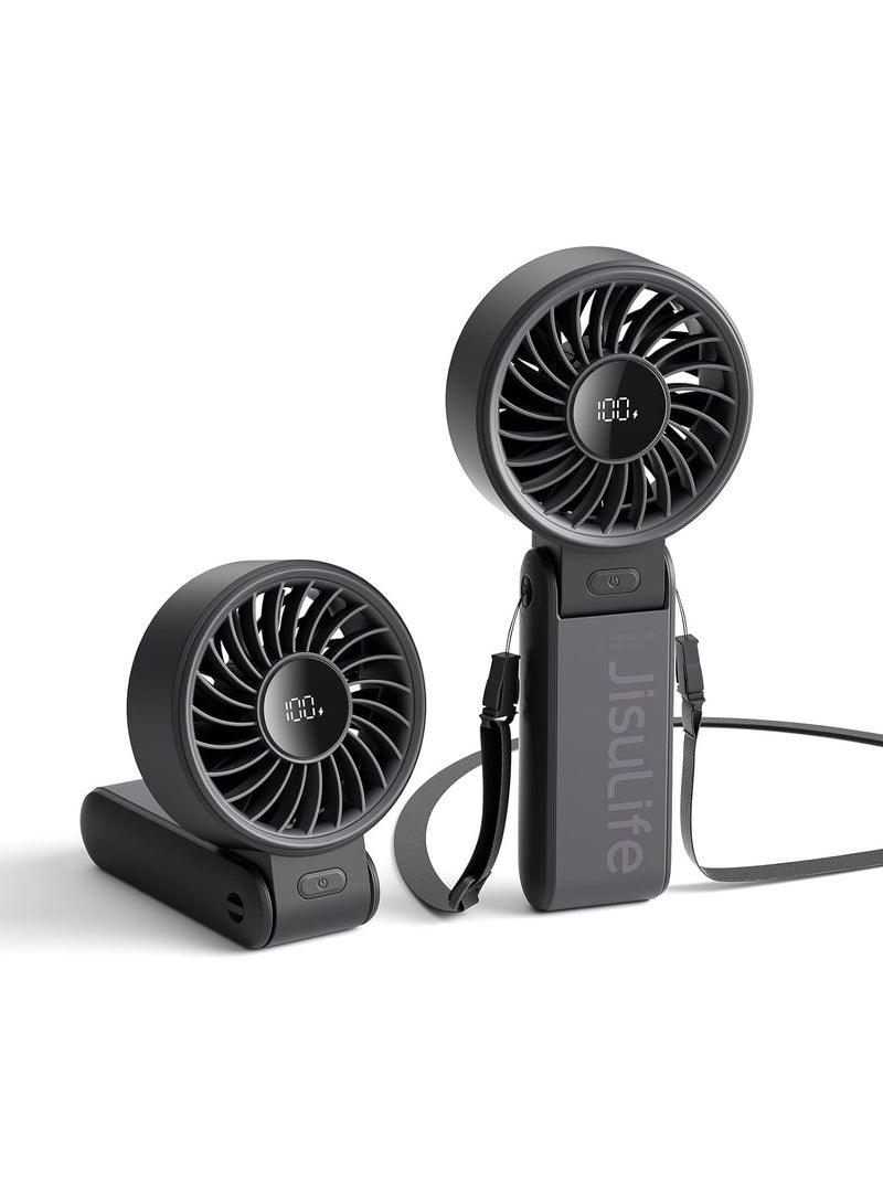 JISULIFE Handheld Fan Life7,2024 Powerful Portable Fan with LED Display[19.5Hrs Max Cooling]5000mAh,150°Folded,5 Speeds,Lanyard; 3-IN-1 Hand/Desk/Neck Fan,Travel Essentials Gifts for Women,Men(Black) - Image 1