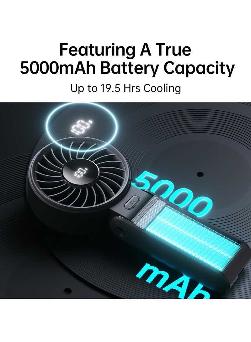 JISULIFE Handheld Fan Life7,2024 Powerful Portable Fan with LED Display[19.5Hrs Max Cooling]5000mAh,150°Folded,5 Speeds,Lanyard; 3-IN-1 Hand/Desk/Neck Fan,Travel Essentials Gifts for Women,Men(Black) - Image 3