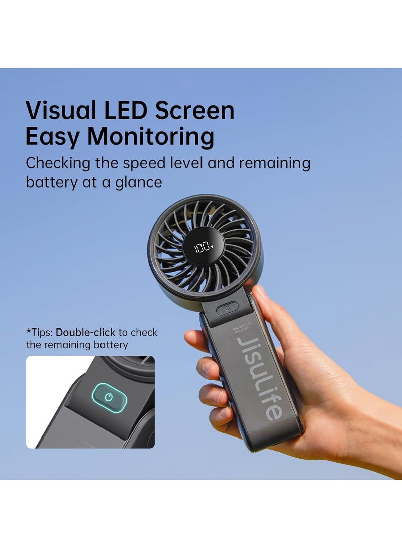 JISULIFE Handheld Fan Life7,2024 Powerful Portable Fan with LED Display[19.5Hrs Max Cooling]5000mAh,150°Folded,5 Speeds,Lanyard; 3-IN-1 Hand/Desk/Neck Fan,Travel Essentials Gifts for Women,Men(Black) - Image 4