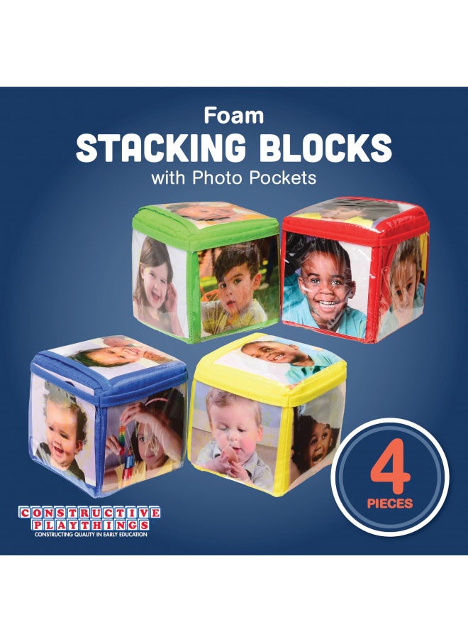 Constructive Playthings Constructive Playthings Stacking Blocks with Photo Pockets, 4-Piece Foam Baby Blocks Holds 24 Photos, Builds Fine Motor Skills, Spatial Reasoning, Toddler Toys for Ages 12 Months & Older  - Image 2