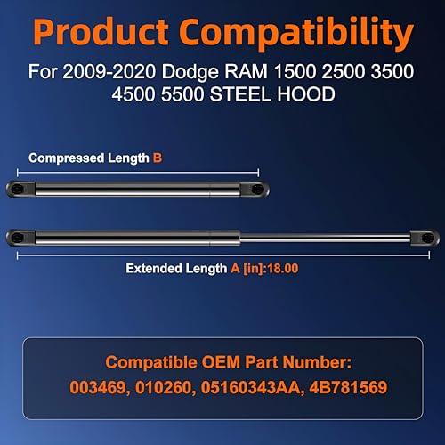 Euplokeer Qty 2 Hood Strut Lift Support Compatible with Dodge Ram 1500 2500 3500 20092010 Ram 1500 2500 3500 20092020 Replace 55372572ab - Image 3