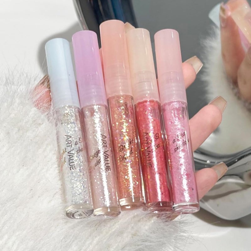 Glitter Eyeshadow Stick Liquid 5 PCS Glitter Eye shadow Shiny Highlighter Diamond Shimmer Pearlescent Highlighter Stick Champagne Silver Pink Brown Purple