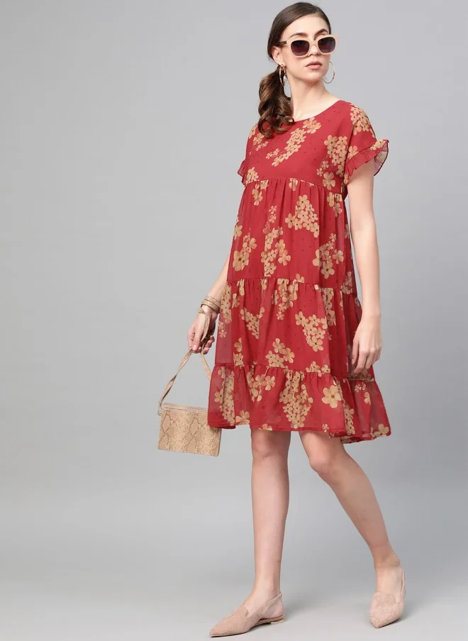 SASSAFRAS Floral Printed Tiered A-Line Dress for Women