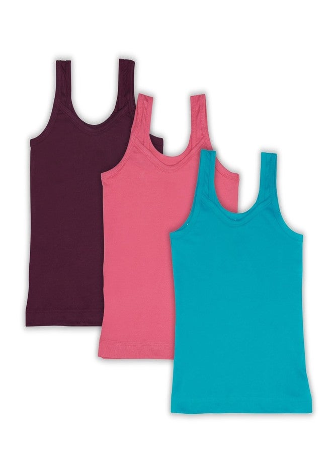 Aimly Girl's Cotton Camisole Slip, Sleeveless Waist Length Innerwear | Soft Stretchable Tank Top | Scoop Neck | Kids Toddler Girls Vest, Turq Blue Hot Pink Wine | 18-24 Months | Pack of 3 - Image 1