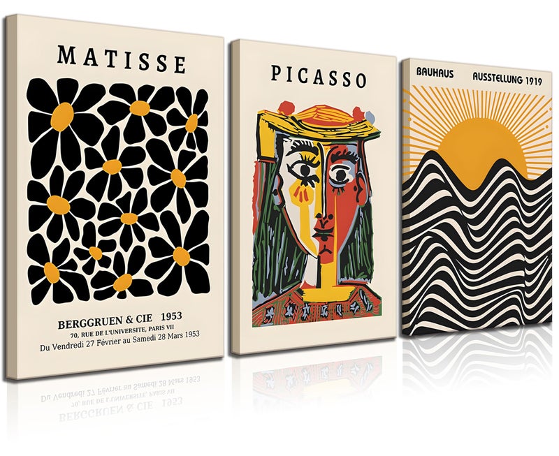 MHYIDUT 3 Pack Framed Gallery Wall Art Picasso Matisse Bauhaus Set Canvas Prints Abstract Paintings Posters Orange Black Modern Minimalist Wall Decor Pictures Suitable for Bedroom Living Room Decor (Framed - Image 1