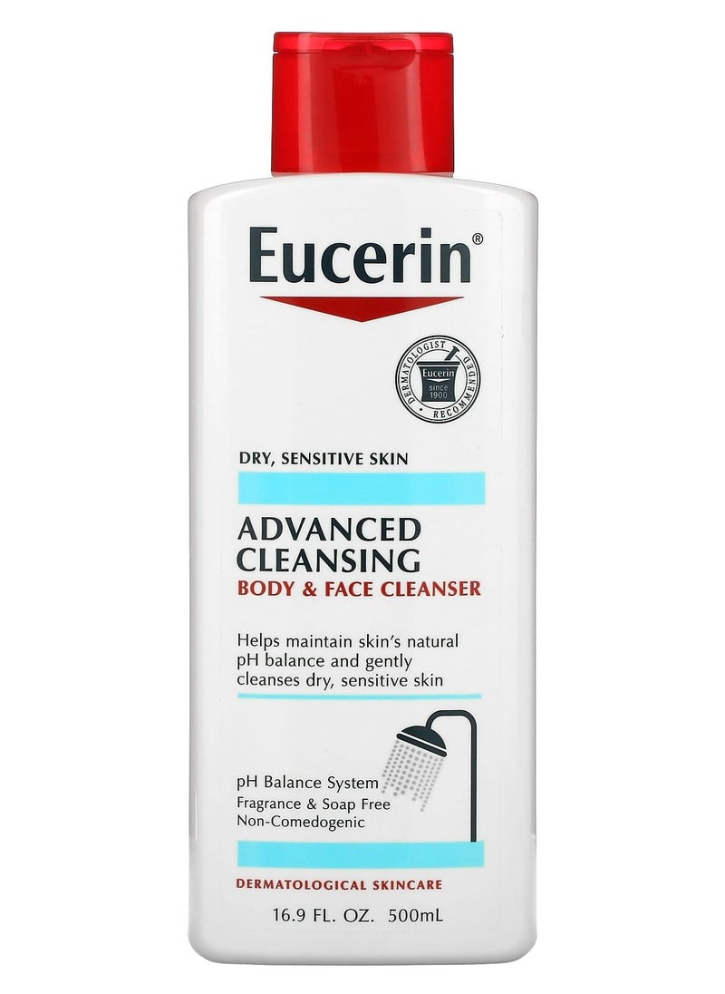 Eucerin - Advanced Cleansing, Body and Face Cleanser, Fragrance Free, 16.9 fl oz (500 ml) - Image 1