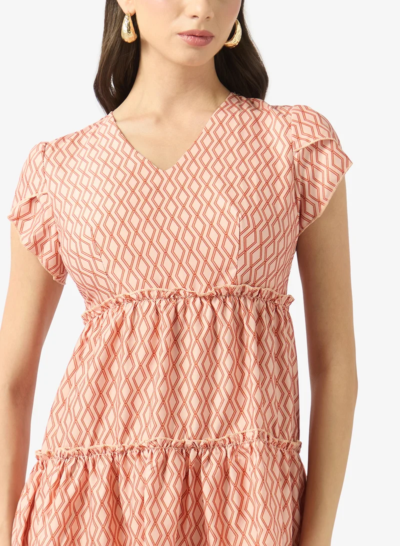 FYOR  V-Neck Tiered Dress with Puff Sleeves for Women | Best Price UAE