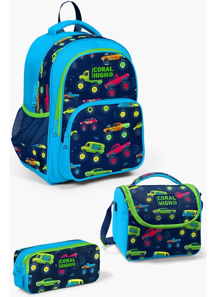CORAL HIGH Kids Blue Navy Monster Truck Patterned 3-Piece School Bag Set SET0123406