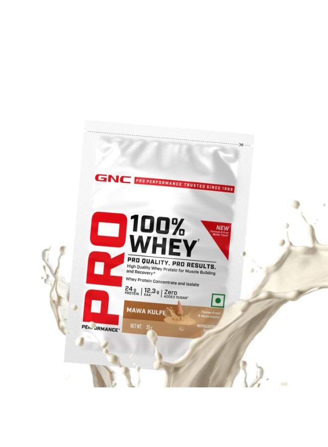 GNC Pro Performance 100% Whey Protein | New Formulation | 24g Protein, 5.7g BCAAs, 12.3g EAAs | Added DigeZyme® | Whey Isolate & Concentrate Blend, Low Carb (4.51g), No Added Sugar | Mawa Kulfi, 35g - Image 1