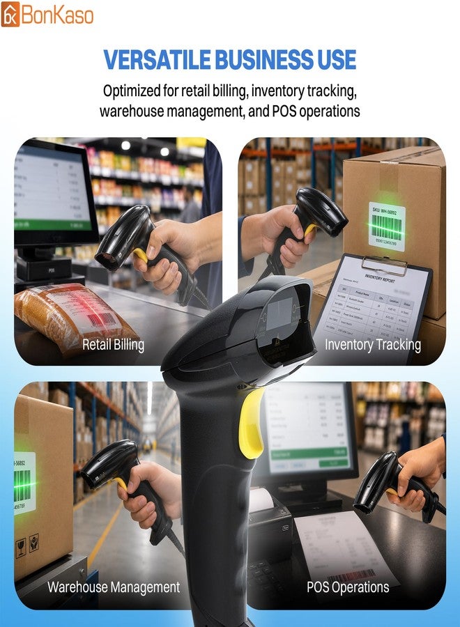 BonKaso ماسح ضوئي لاسلكي/سلكي ثنائي الأبعاد للباركود من BonKaso، يعمل بتقنية التوصيل والتشغيل عبر منفذ USB، قارئ رمز الاستجابة السريعة أحادي الأبعاد بمستشعر CMOS بدقة 640×480، ودقة 4 مل، أوضاع حث يدوية وتلقائية ومستمرة لنقاط البيع والمستودعات ومتاجر التجزئة - Image 4