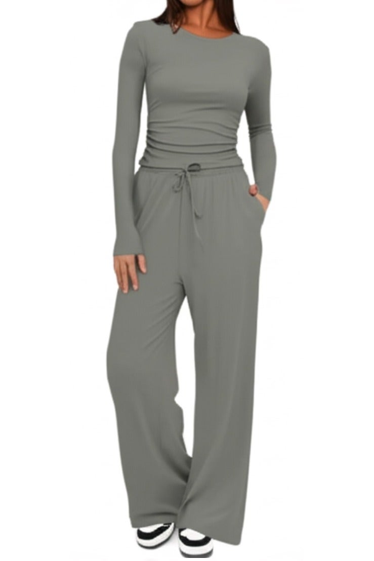 SOLOBUY Pyjamas Set Jersy Women's Long-Sleeved, Elastic Waist, Collar Round, Color Khaki - Image 1