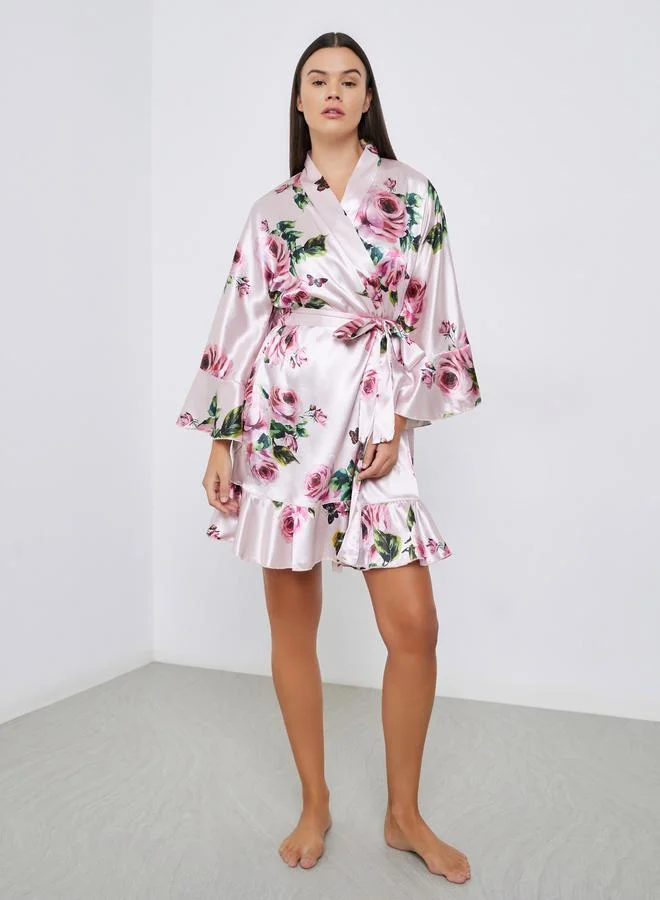 Styli Floral Print Ruffle Detail Satin Robe