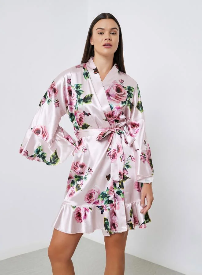 Styli Floral Print Ruffle Detail Satin Robe
