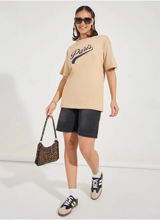 Styli Oversized Paris Slogan T-Shirt with Dropped Shoulder