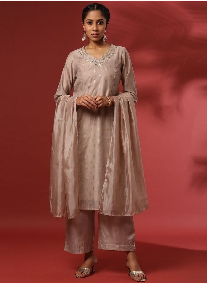 Abhishti Foil print 3pc kurta set-beige  - Image 1