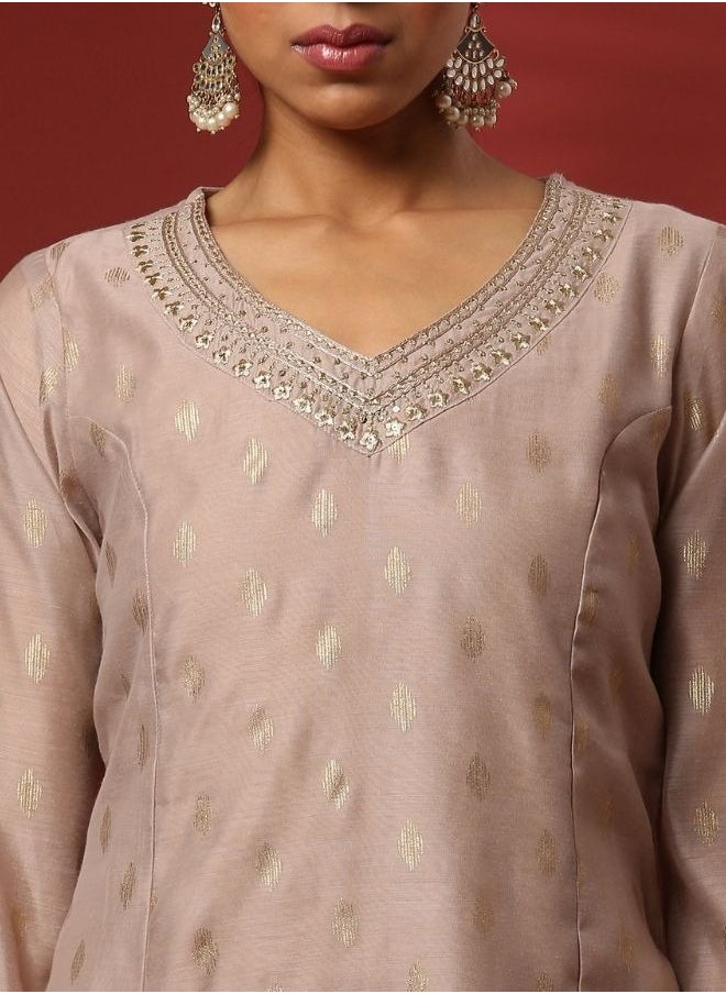 Abhishti Foil print 3pc kurta set-beige  - Image 2