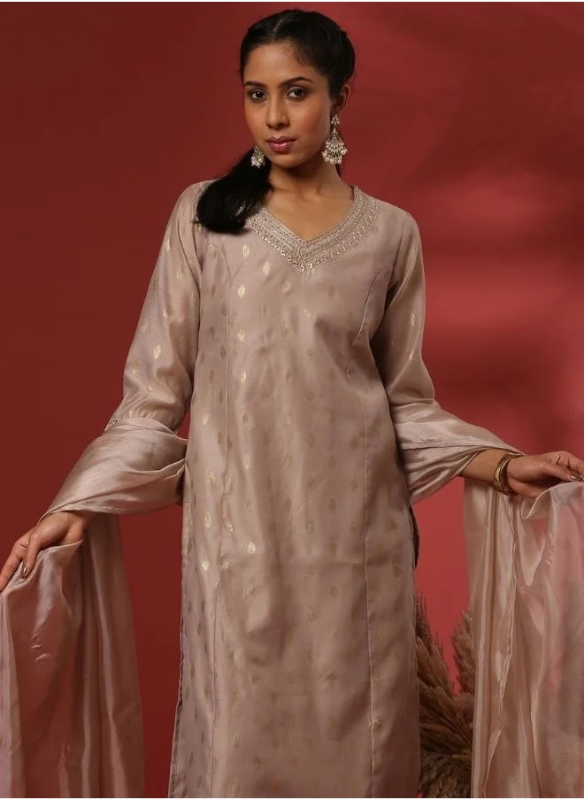 Abhishti Foil print 3pc kurta set-beige