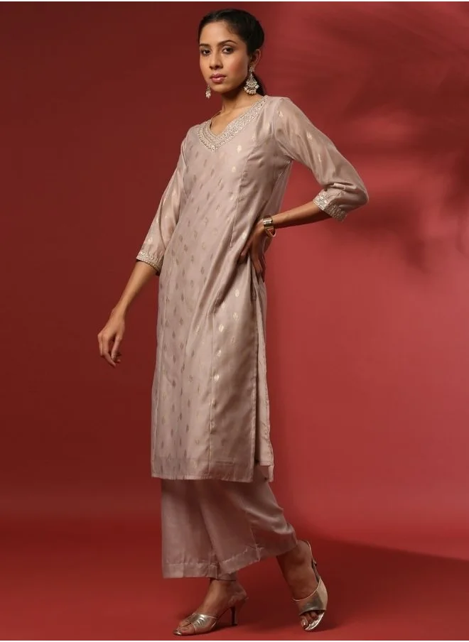 Abhishti Foil print 3pc kurta set-beige