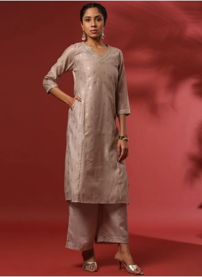 Abhishti Foil print 3pc kurta set-beige