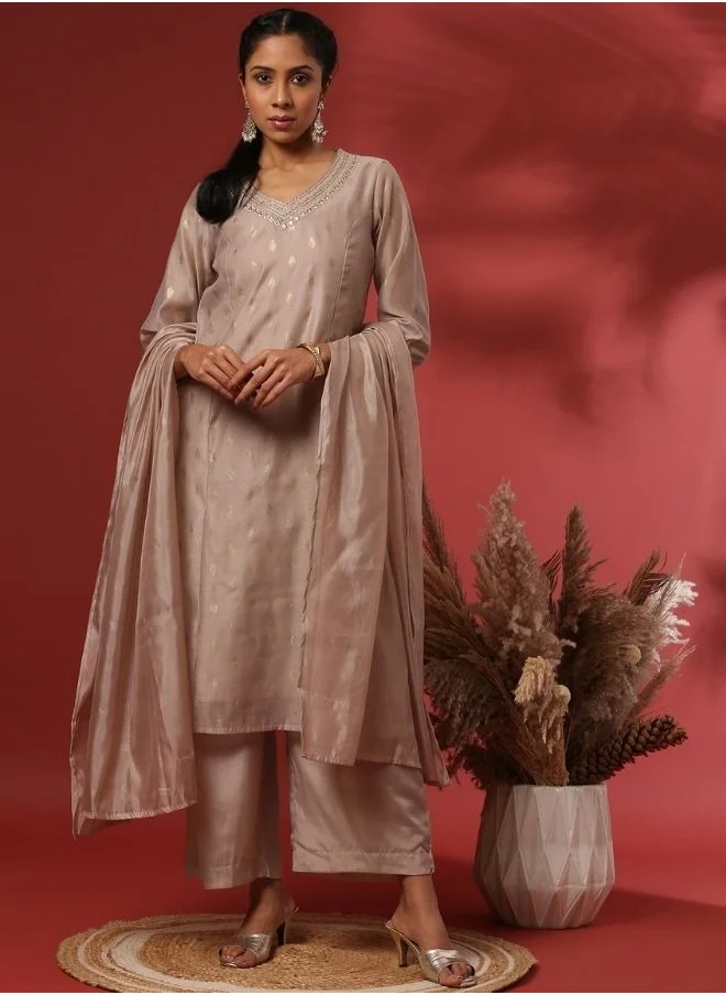 Abhishti Foil print 3pc kurta set-beige