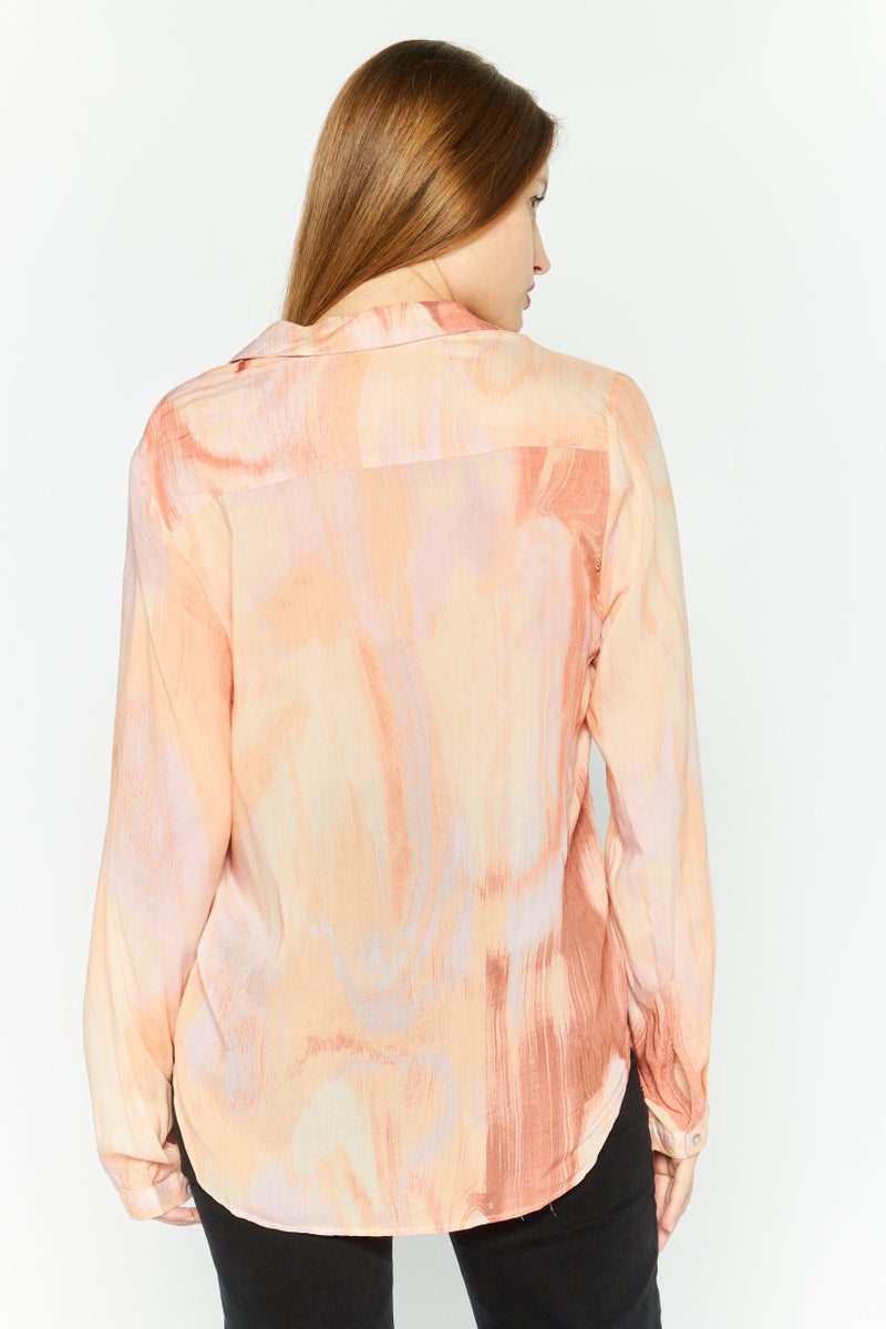 Black Tape Women Spread Collar Long Sleeve Tie Dye Shirt, Pink Combo  - Image 4
